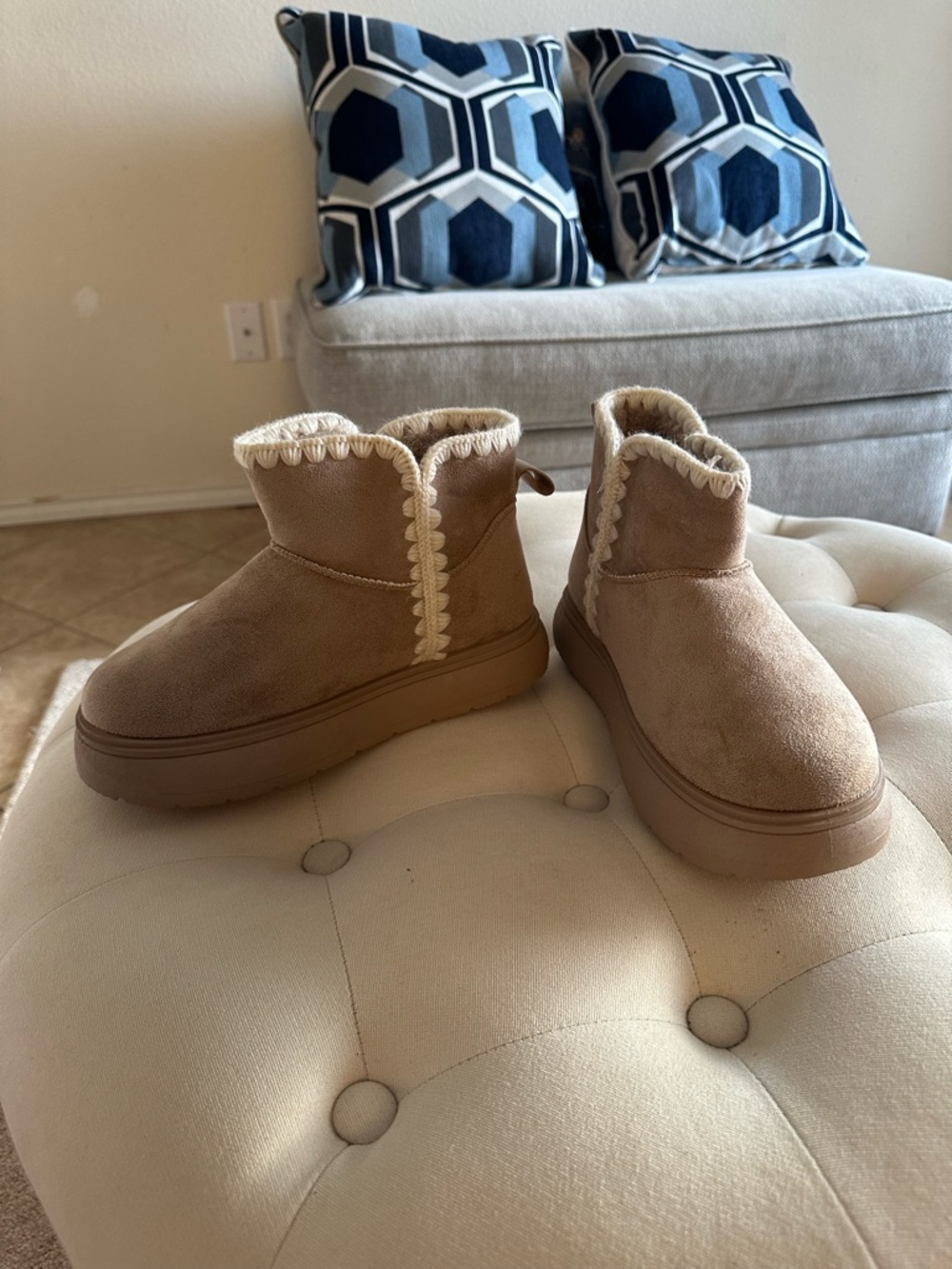 Cato Tan Suede-Look Winter Boots with Cream Trim
